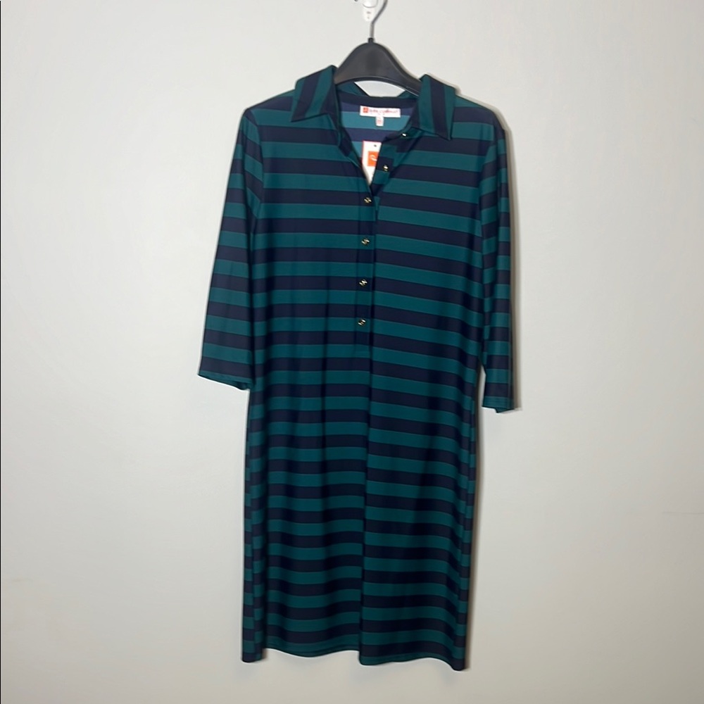 Jude Connally Navy Blue and Green Polo Collar Knee-Length Shirt Dress
